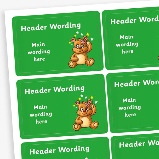 A sheet of rectangular green stickers with a cartoon teddy bear with a bandage and stars above its head. Each sticker has placeholder text reading 'Header Wording' at the top and 'Main wording here' in the centre. The stickers are designed for custom use, allowing personalised messages to be added.