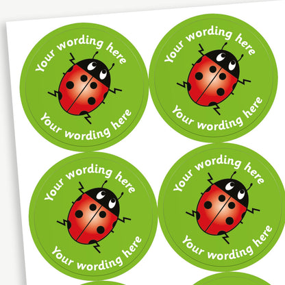 A sheet of green stickers featuring a central image of a cartoon lady bug.  Placeholder text 'Your wording here' is above and below the image.