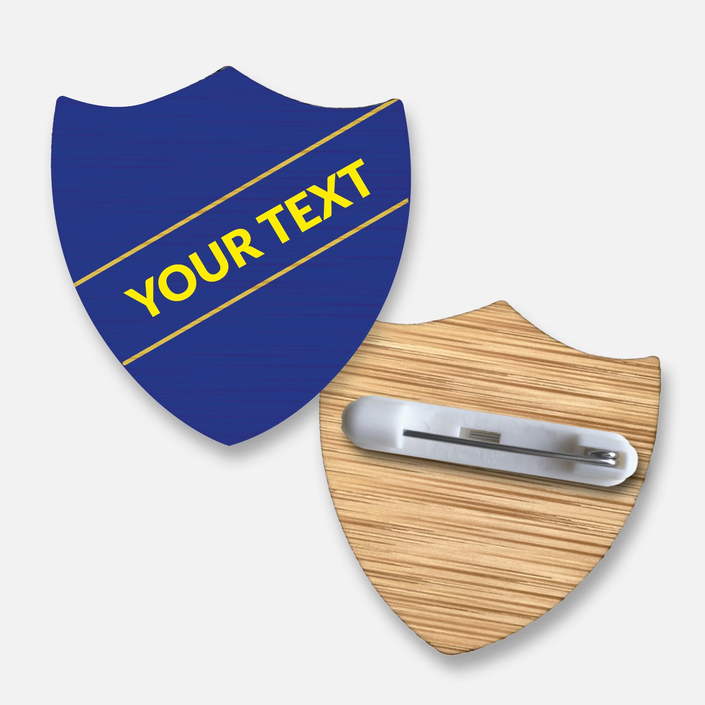 Personalised bamboo shield-shaped badge with a choice of 17 background colours.  Features a diagonal single line of customisable text in your choice of font and colour; measures approximately 34mm x 36mm and includes a pin fastening on the reverse.