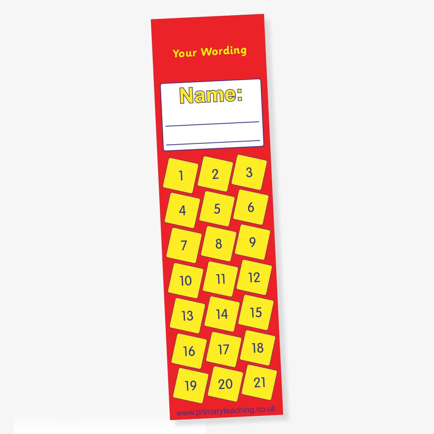 Red reward chart bookmark with space to write a name, featuring 21 numbered yellow squares arranged in a scattered grid, and a customisable heading at the top.