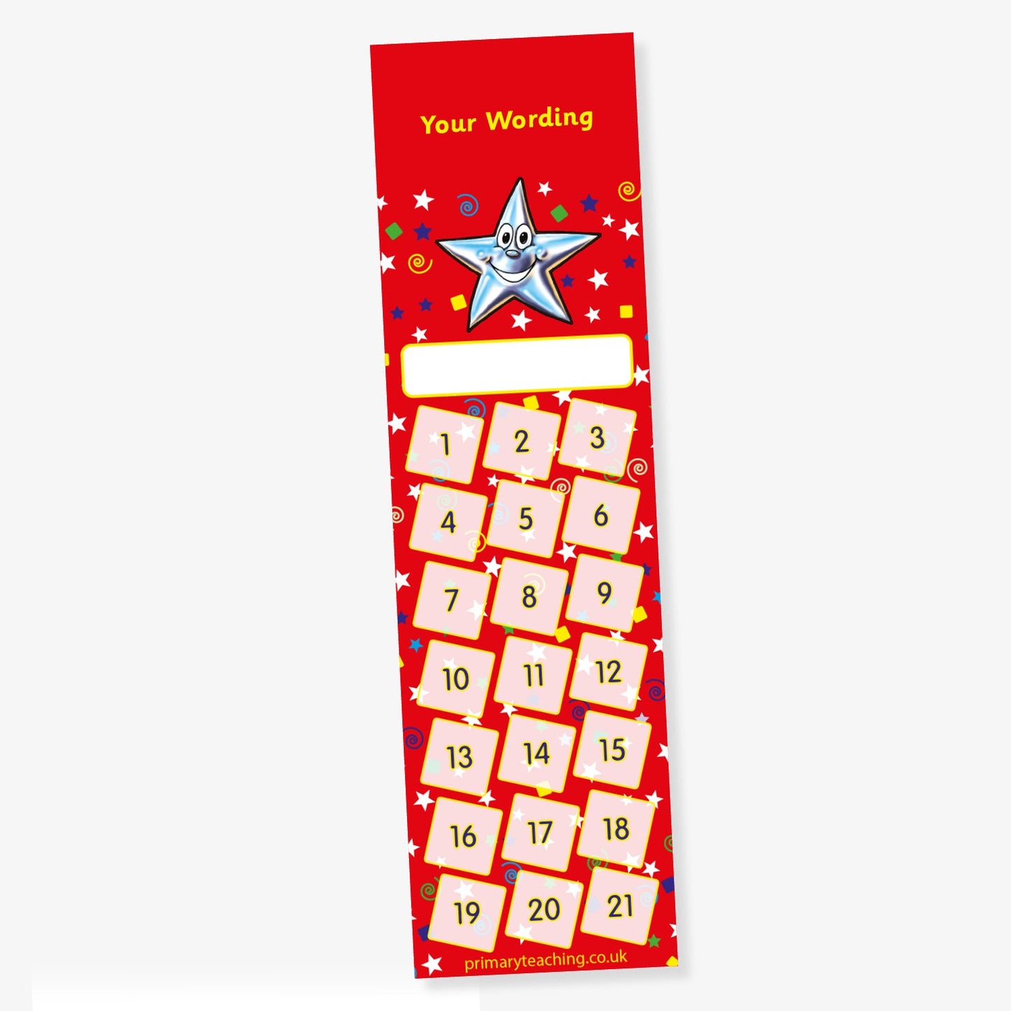 Red reward chart bookmark featuring a smiling star character at the top, customisable text area, and twenty numbered star spaces arranged in a grid for tracking achievements.