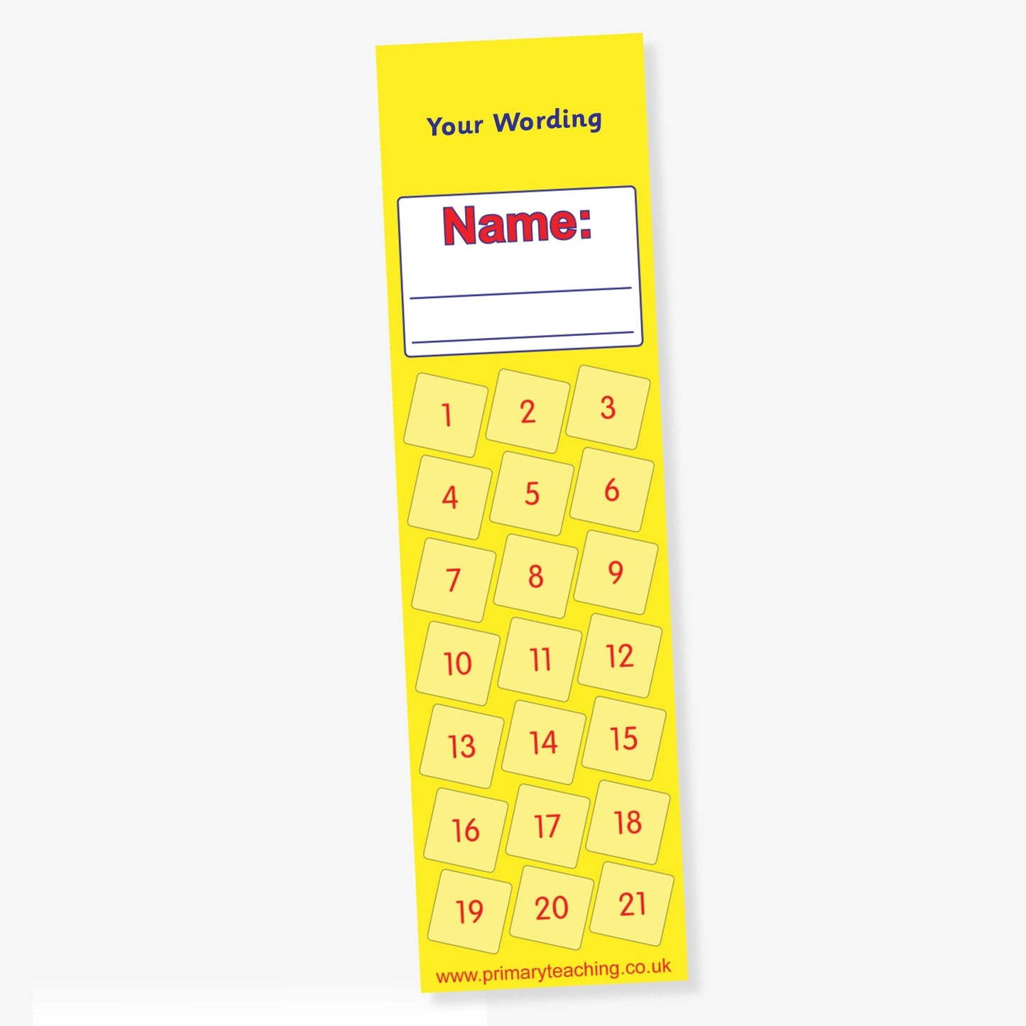 Yelow reward chart bookmark with space to write a name, featuring 21 numbered yellow squares arranged in a scattered grid, and a customisable heading at the top.