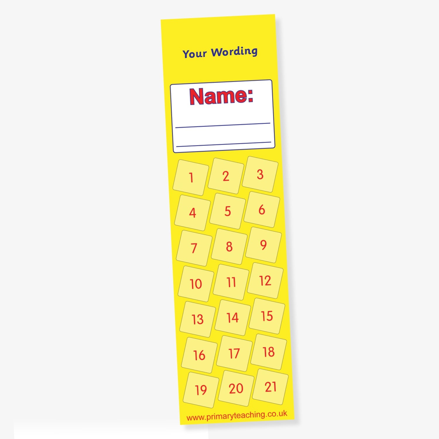 Yelow reward chart bookmark with space to write a name, featuring 21 numbered yellow squares arranged in a scattered grid, and a customisable heading at the top.