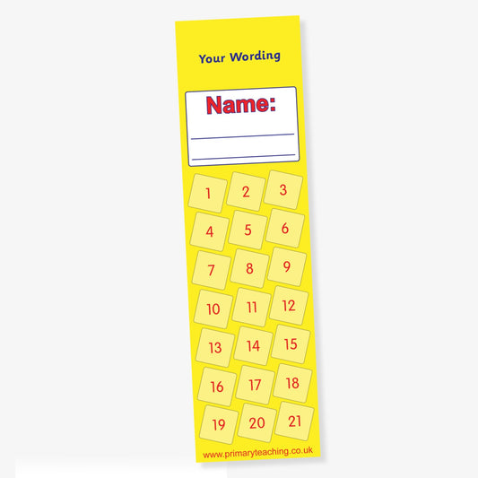 Yelow reward chart bookmark with space to write a name, featuring 21 numbered yellow squares arranged in a scattered grid, and a customisable heading at the top.