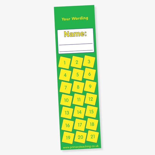 Green reward chart bookmark with space to write a name, featuring 21 numbered yellow squares arranged in a scattered grid, and a customisable heading at the top.