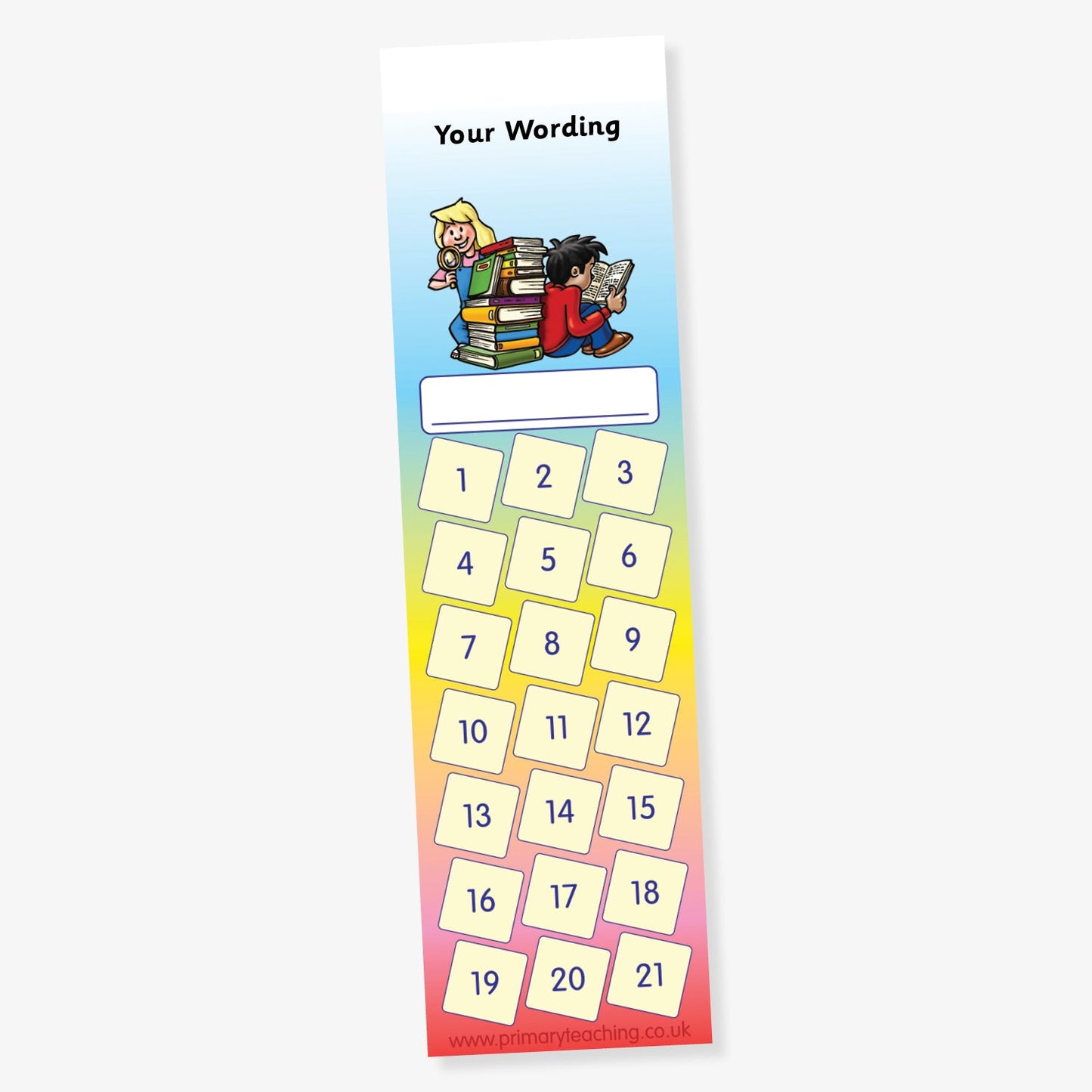 Tall, rainbow-gradient reward chart bookmark featuring 21 numbered boxes, a space to write a name, and a customisable heading at the top, with illustrations of two children sitting on and holding stacks of books.