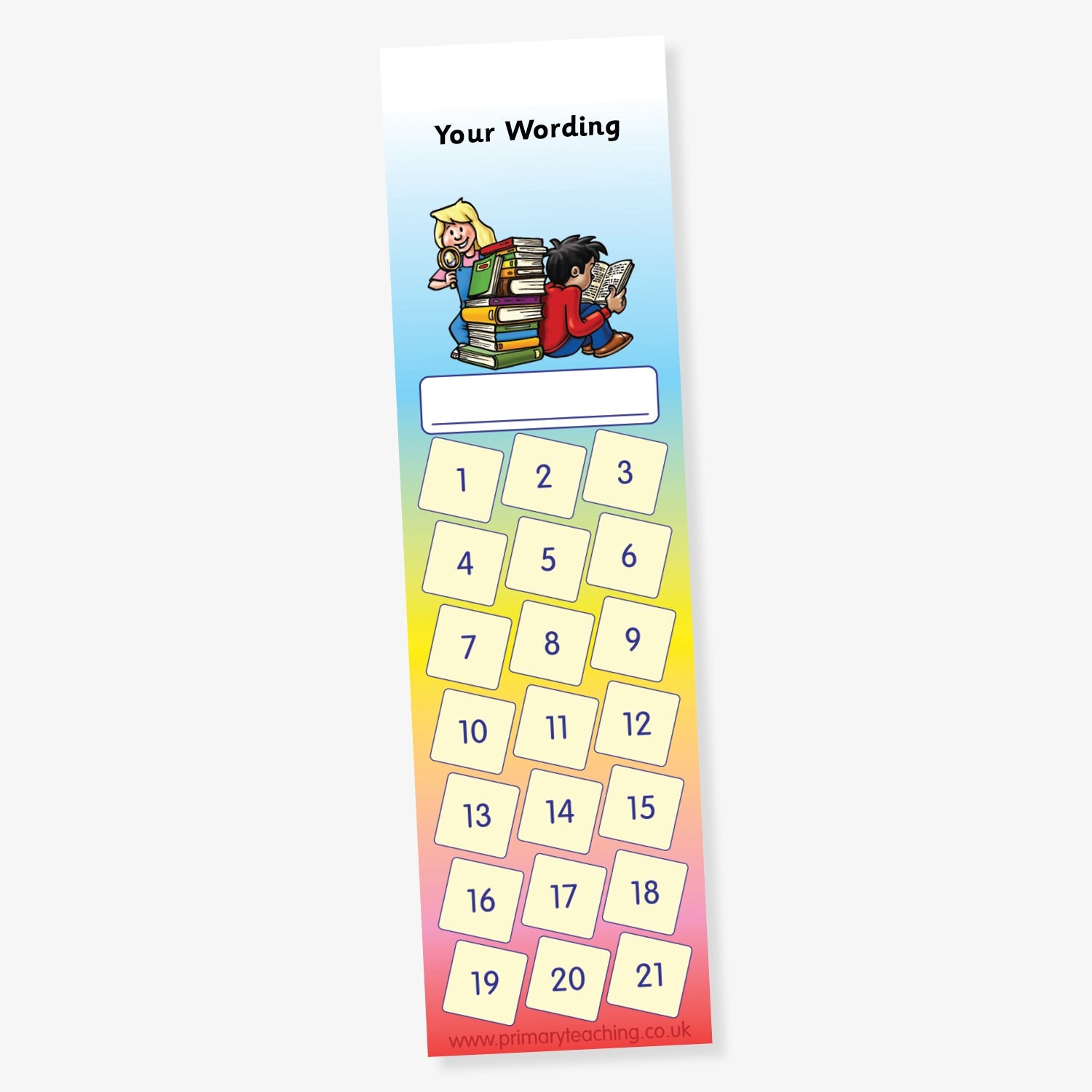 Tall, rainbow-gradient reward chart bookmark featuring 21 numbered boxes, a space to write a name, and a customisable heading at the top, with illustrations of two children sitting on and holding stacks of books.