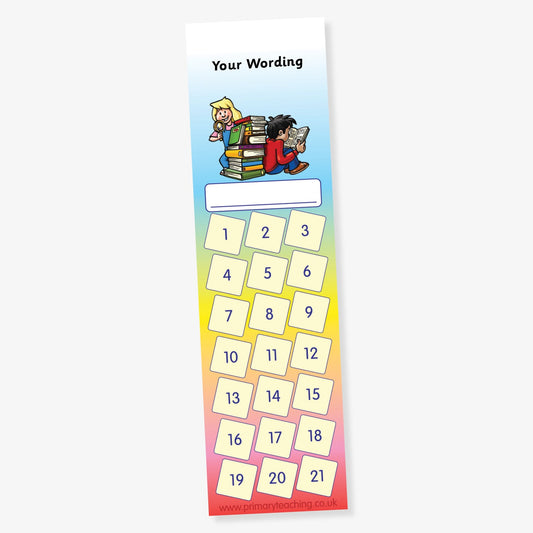 Tall, rainbow-gradient reward chart bookmark featuring 21 numbered boxes, a space to write a name, and a customisable heading at the top, with illustrations of two children sitting on and holding stacks of books.