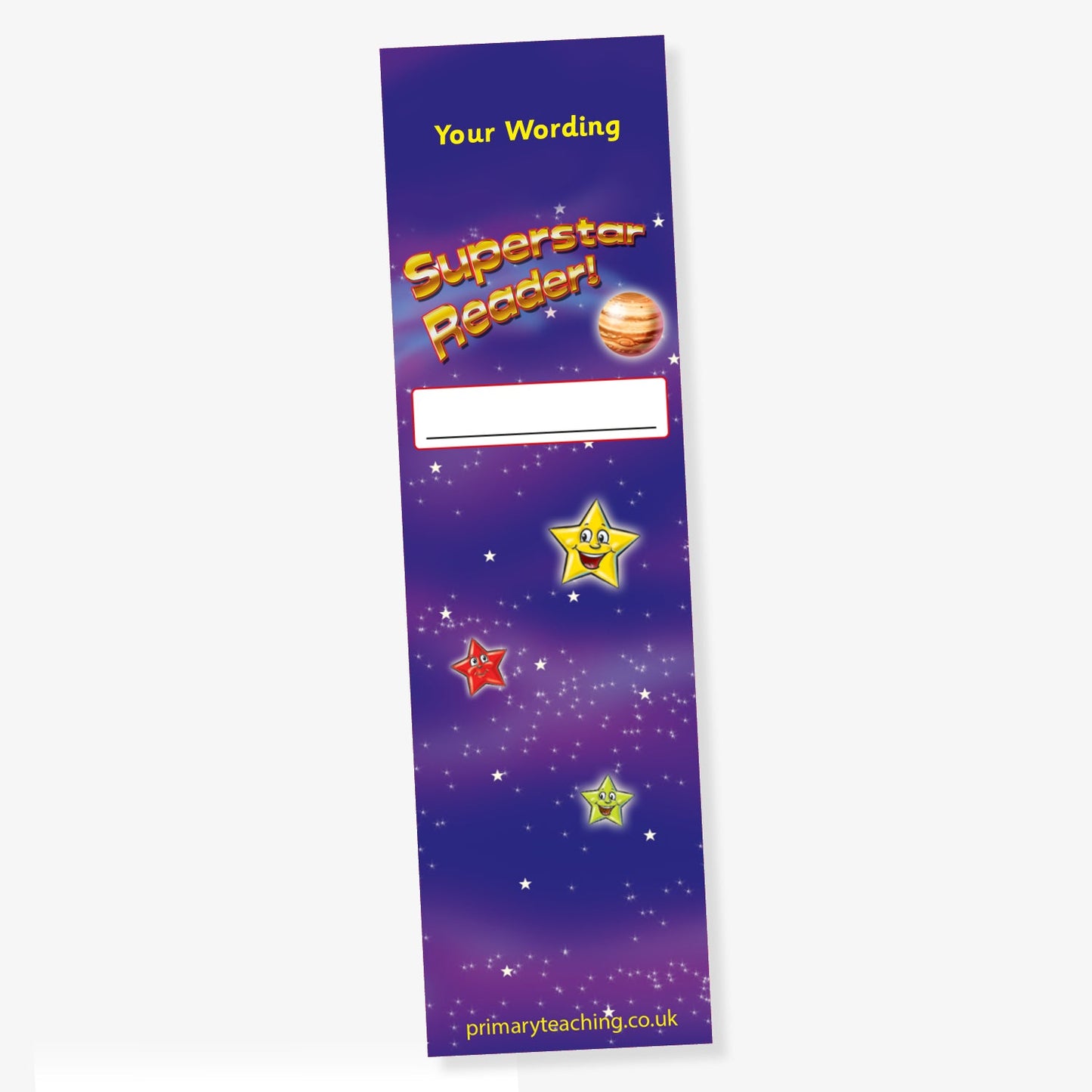 Customisable ‘Superstar Reader’ bookmark with a purple galaxy background, stars, a planet illustration, and space for personalised text.