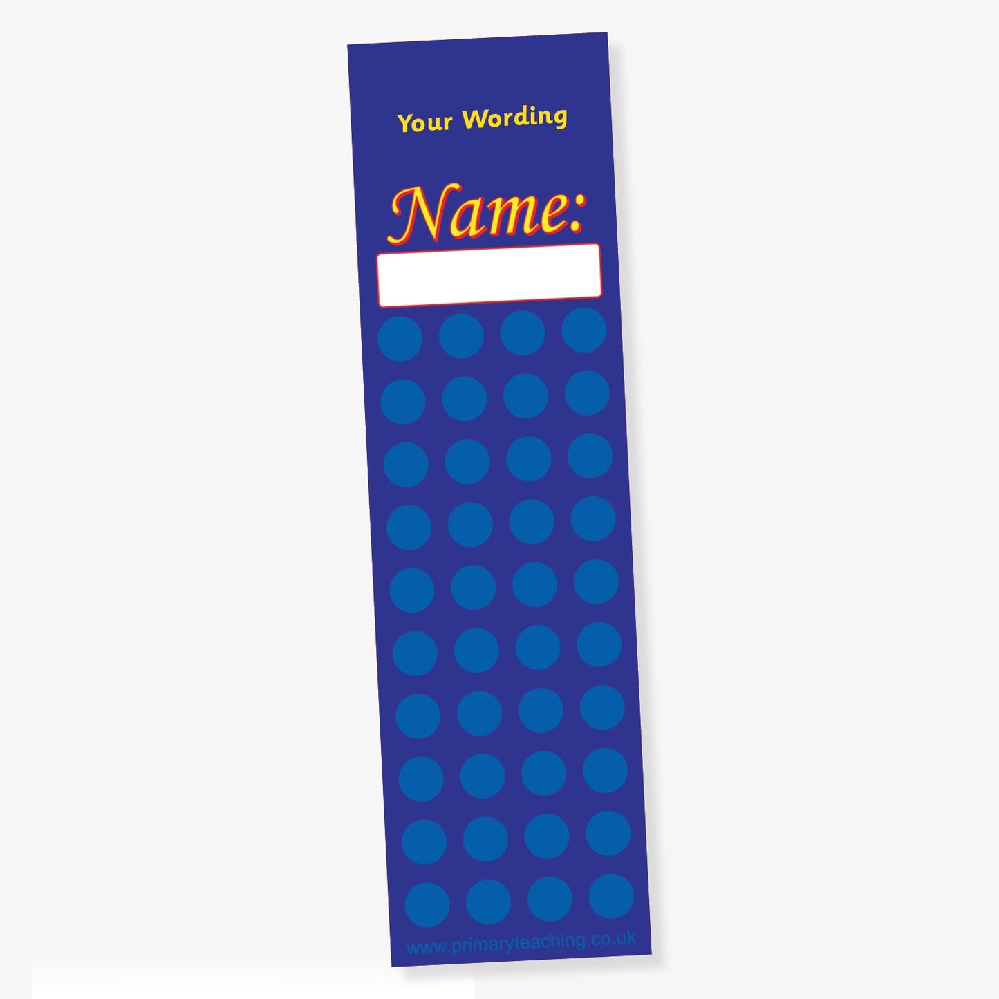 Dark blue bookmark-style reward chart with a space for a name in bold orange text near the top, labelled 'Name:', and featuring a grid of 35 blue circles below, with customisable wording at the top.