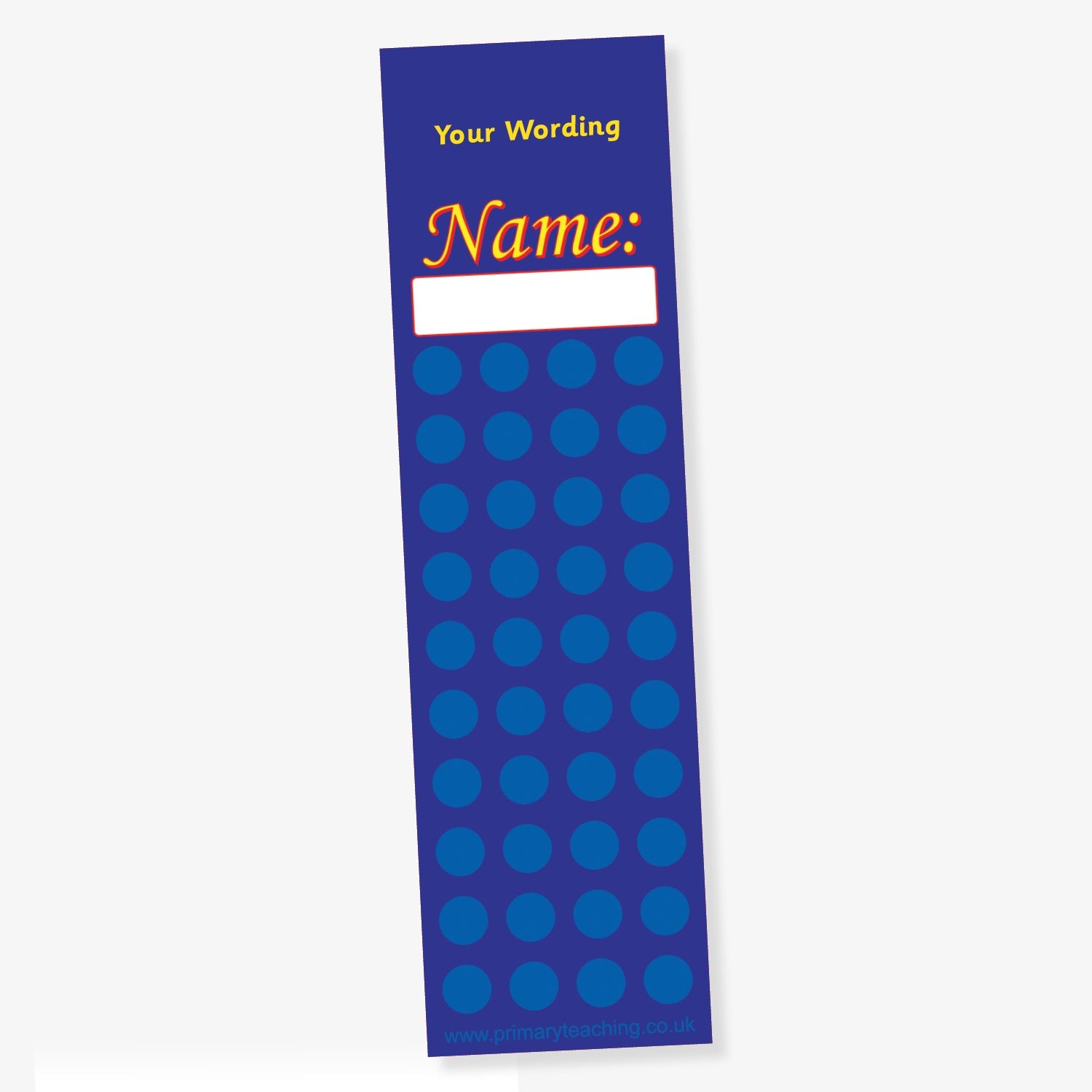 Dark blue bookmark-style reward chart with a space for a name in bold orange text near the top, labelled 'Name:', and featuring a grid of 35 blue circles below, with customisable wording at the top.
