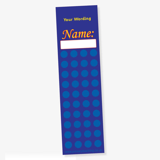 Dark blue bookmark-style reward chart with a space for a name in bold orange text near the top, labelled 'Name:', and featuring a grid of 35 blue circles below, with customisable wording at the top.