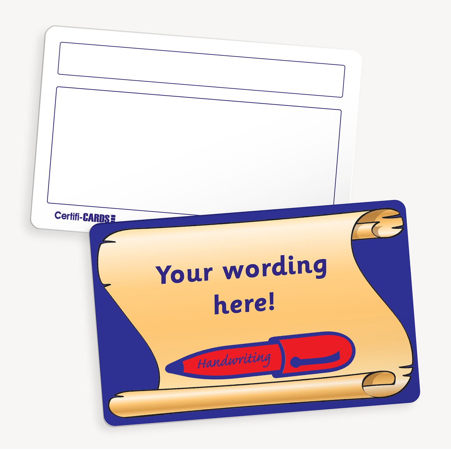 Personalised CertifiCARD measuring 86mm by 54mm, featuring a vibrant blue background with a scroll where a personalised message is added and a red pen; reverse side includes two white boxes for handwritten recipient details—ideal for recognising pupils' handwriting achievements.