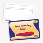 Personalised CertifiCARD measuring 86mm by 54mm, featuring a vibrant blue background with a scroll where a personalised message is added and a red pen; reverse side includes two white boxes for handwritten recipient details—ideal for recognising pupils' handwriting achievements.