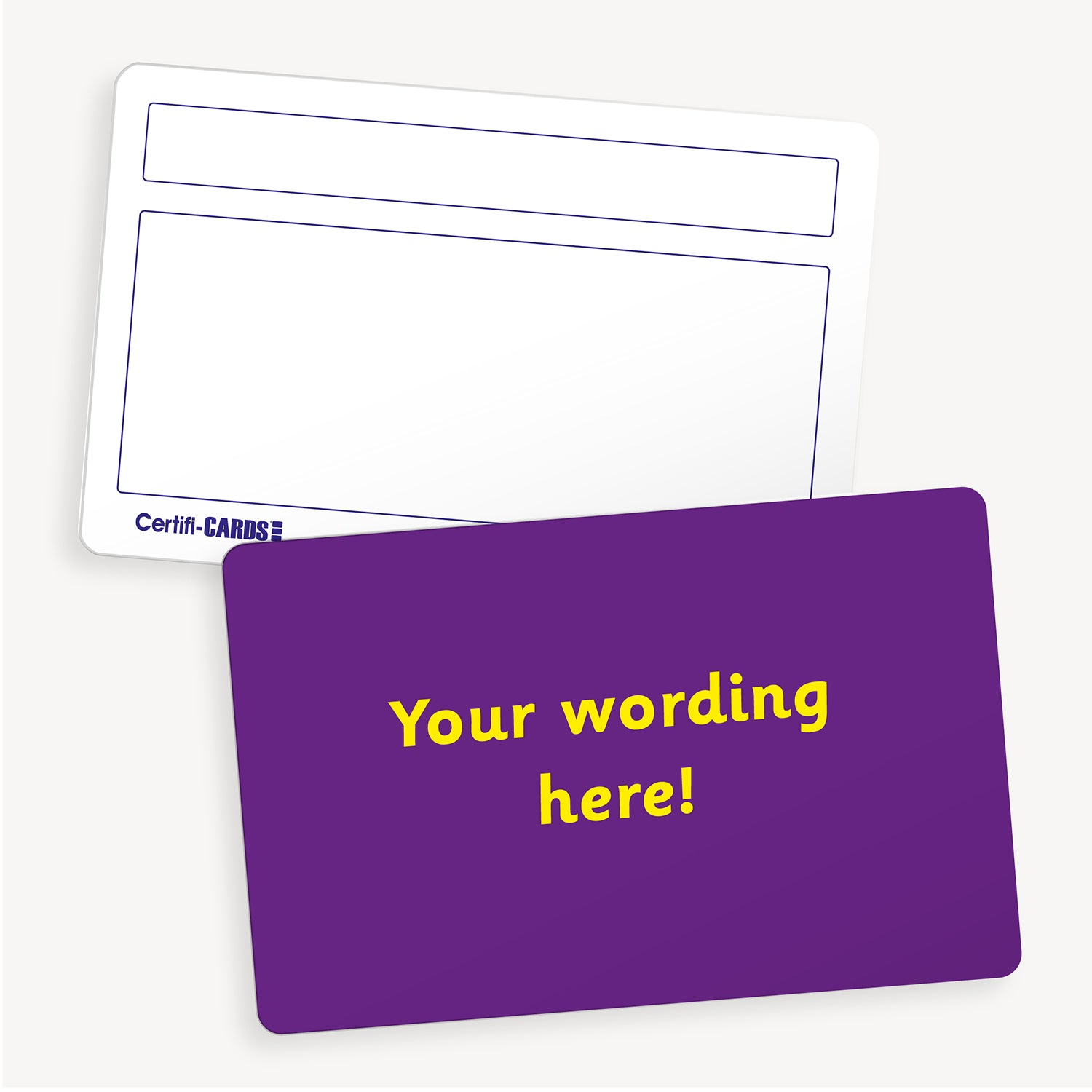 Personalised blank CertifiCARD measuring 86mm by 54mm, featuring a vibrant purple front with the placeholder text 'Your wording here!' in bold yellow font; reverse side includes two white boxes for handwritten recipient details—ideal for custom classroom rewards.