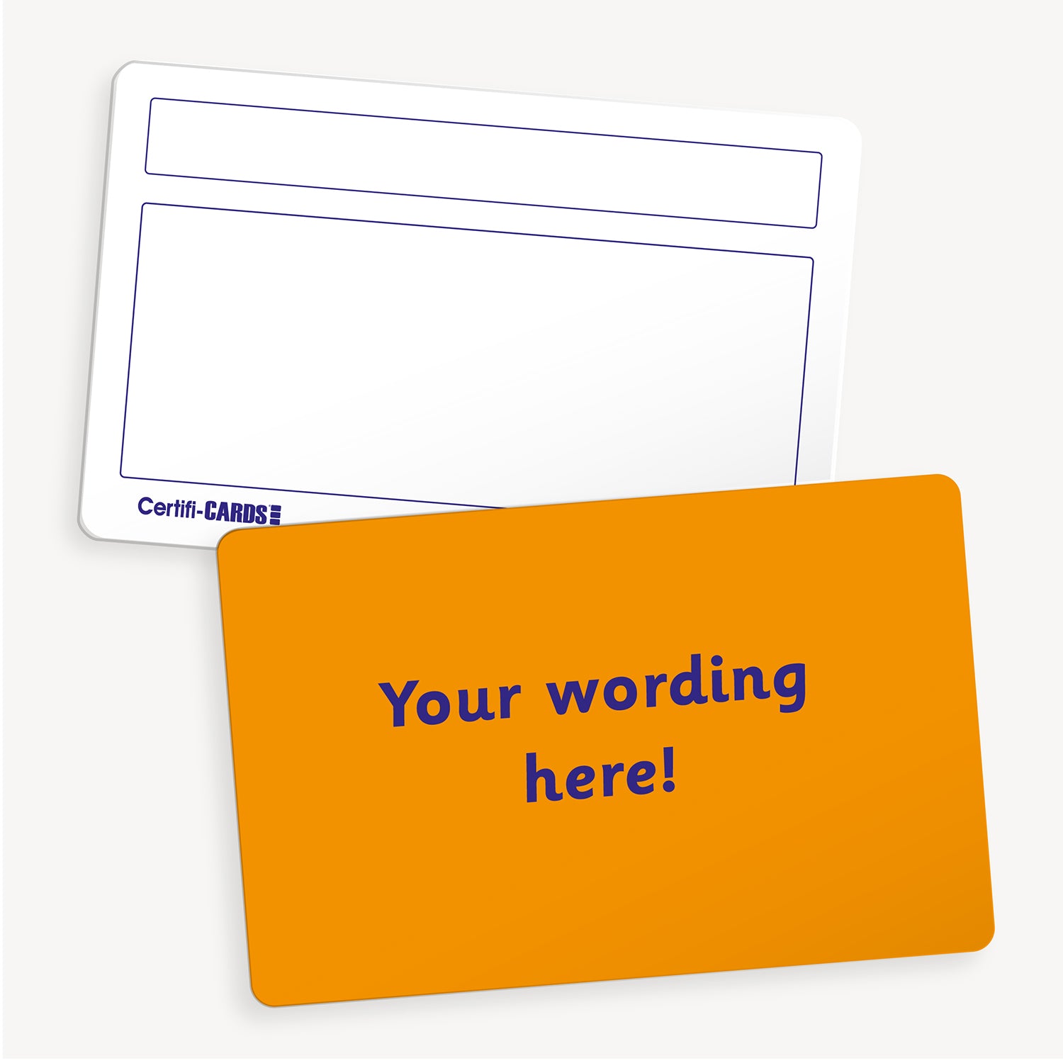 Personalised blank CertifiCARD measuring 86mm by 54mm, featuring a vibrant orange front with the placeholder text 'Your wording here!' in bold yellow font; reverse side includes two white boxes for handwritten recipient details—ideal for custom classroom rewards.