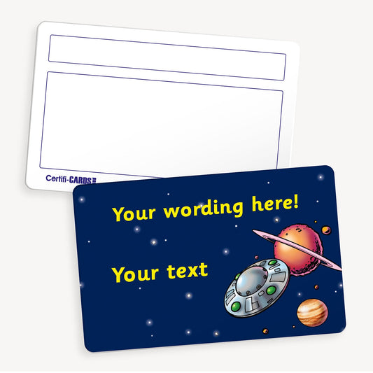 Personalised CertifiCARD featuring a flying saucer amongst planets. There s a dark blue background with customisable yellow text lines above and to the left of the image; reverse side includes two white boxes for handwritten recipient details.