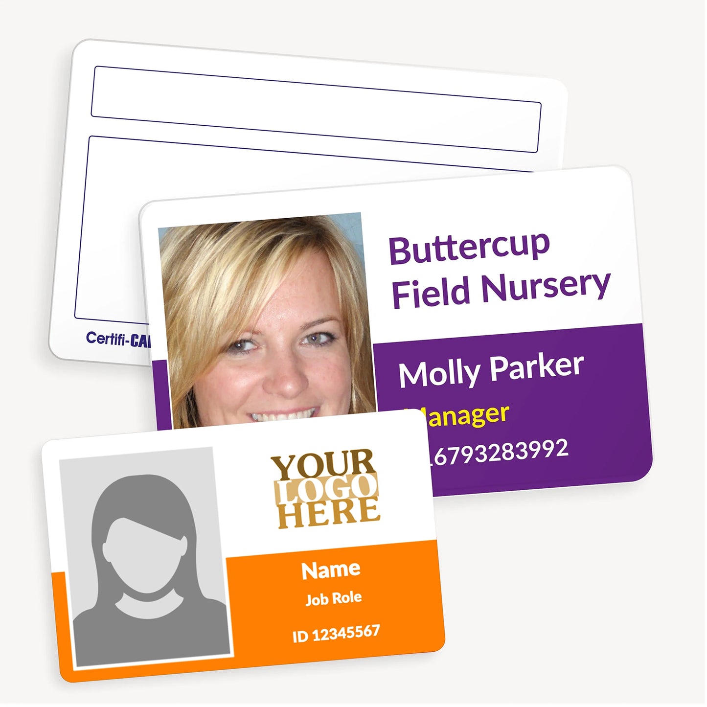 Personalised photo ID cards, featuring a sample layout with a staff photo on the left with text options on the right for personalisation such as: company  name, staff member's name and role, and telephone number. The cards are available in plastic or eco card material, measuring 86mm x 54mm.