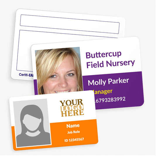 Personalised photo ID cards, featuring a sample layout with a staff photo on the left with text options on the right for personalisation such as: company  name, staff member's name and role, and telephone number. The cards are available in plastic or eco card material, measuring 86mm x 54mm.