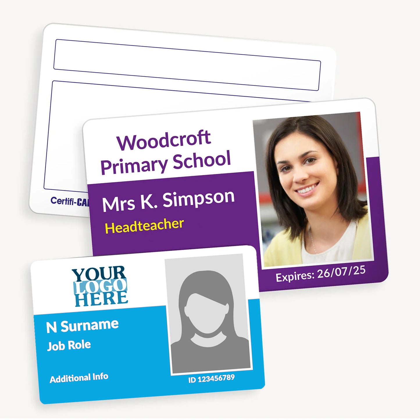 Personalised photo ID cards featuring a sample layout with a staff photo, company  name, staff member's name and role, and expiry date. The cards are available in plastic or eco card material, measuring 86mm x 54mm.