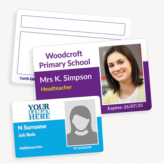 Personalised photo ID cards featuring a sample layout with a staff photo, company  name, staff member's name and role, and expiry date. The cards are available in plastic or eco card material, measuring 86mm x 54mm.