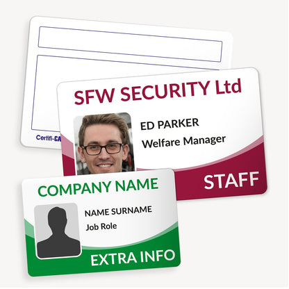 Customisable ID card measuring 86mm by 54mm, featuring a colourful curve in the bottom third of the card with space for uploading your own photo and custom text; ideal for creating personalised ID cards for staff, students, or visitors.