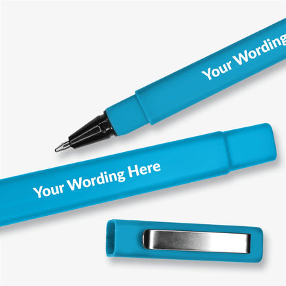 Light blue, square barrelled, textured ball point pen with  brushed metal clip on the lid.  Placeholder text 'Your Wording Here' on the barrel