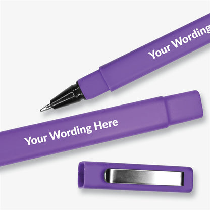 Purple, square barrelled, textured ball point pen with  brushed metal clip on the lid.  Placeholder text 'Your Wording Here' on the barrel