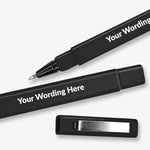 Black, square barrelled, textured ball point pen with  brushed metal clip on the lid.  Placeholder text 'Your Wording Here' on the barrel