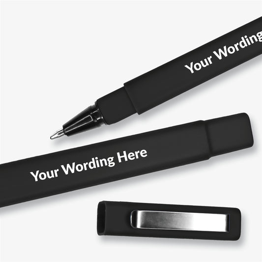 Black, square barrelled, textured ball point pen with  brushed metal clip on the lid.  Placeholder text 'Your Wording Here' on the barrel