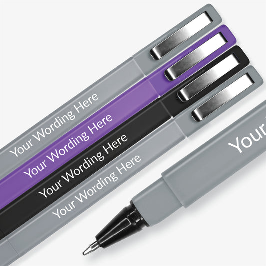 4 pens: purple, black, and two in grey; square barrelled, textured ball point pen with  brushed metal clip on the lid.  Placeholder text 'Your Wording Here' on the barrel