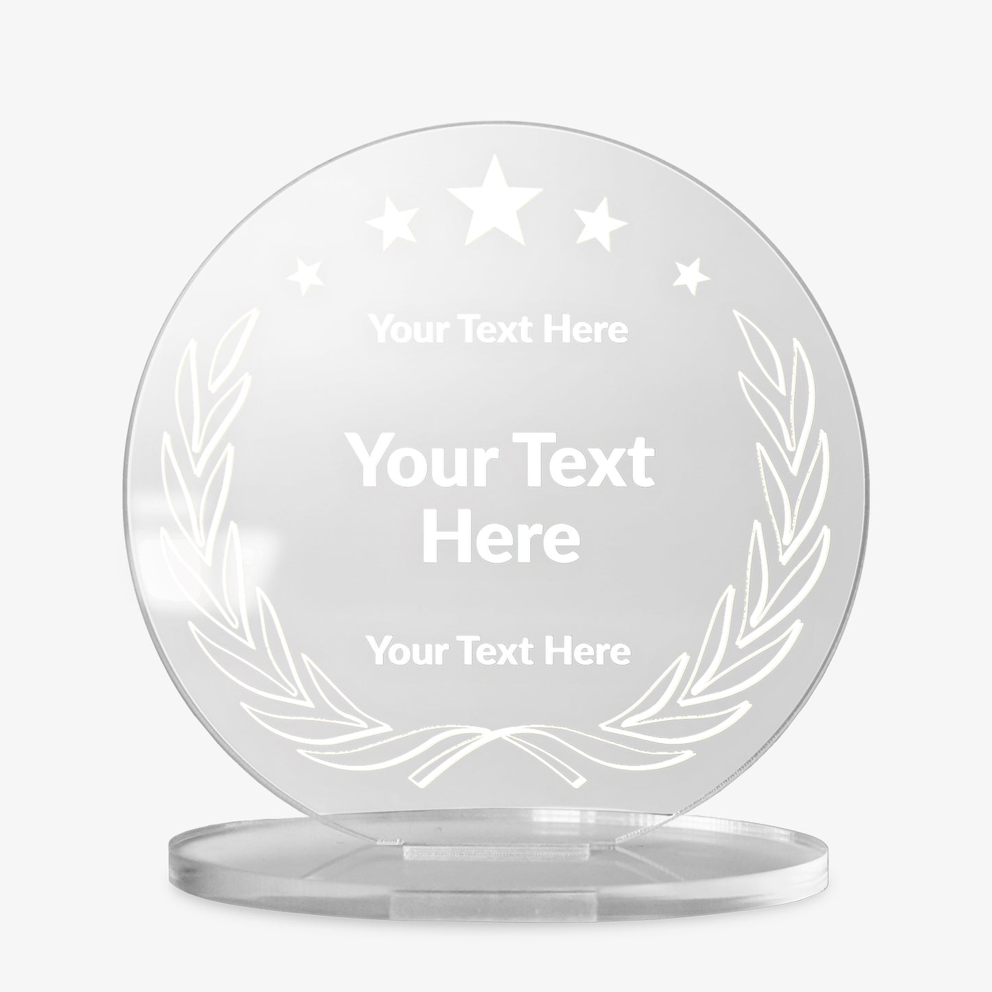 Customisable round acrylic award with laurel wreath design and three stars at the top, displayed against a white background.
