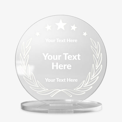 Customisable round acrylic award with laurel wreath design and three stars at the top, displayed against a white background.