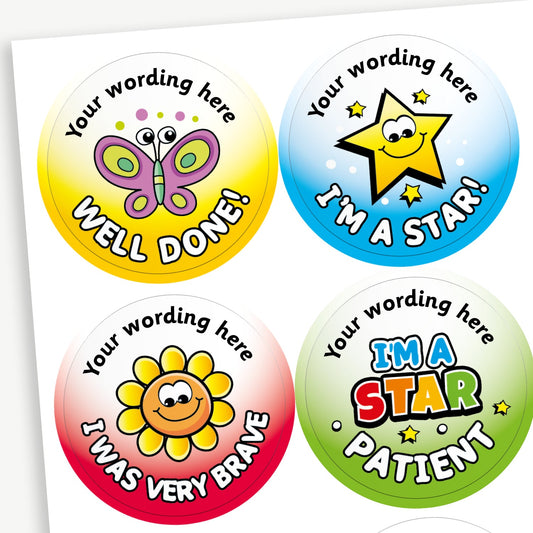 Four colourful circular reward stickers with cheerful cartoon designs. Top left: Yellow sticker with a smiling butterfly and the text 'Well Done!'. Top right: Blue sticker with a smiling star and 'I'm a Star!'. Bottom left: Red sticker with a happy sunflower and 'I Was Very Brave'. Bottom right: Green sticker with 'I'm a Star Patient' in multicoloured text. Each sticker features placeholder text at the top reading 'Your wording here'.