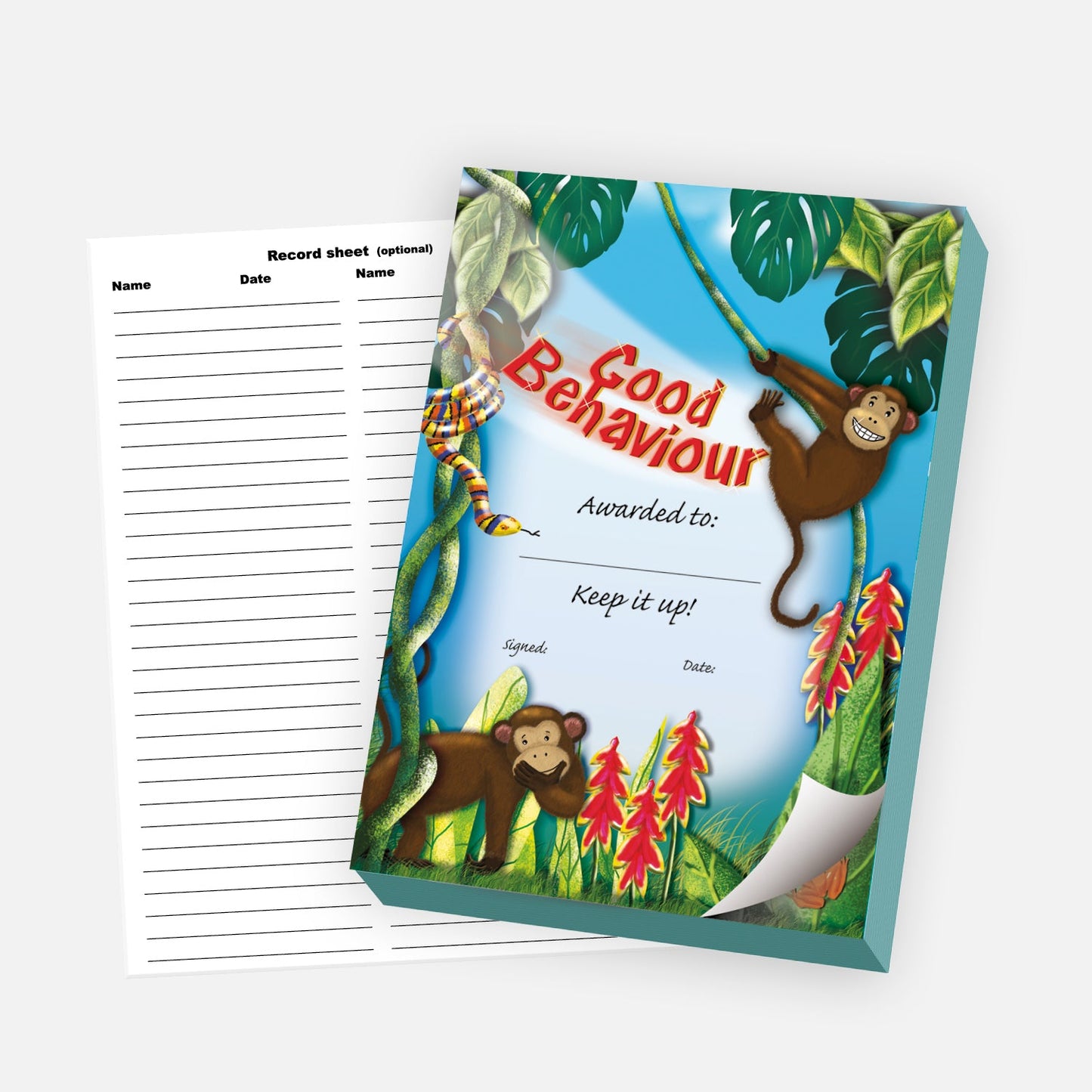 'Good Behaviour' reward pad with a jungle theme, featuring cheerful cartoon monkeys, tropical plants, and a bright blue sky. The note reads 'Awarded to: [blank] – Keep it up!' with spaces for a signature and date. A detachable record sheet for tracking names and dates is shown beside the pad.