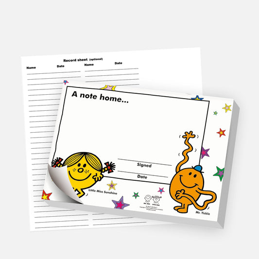 A notepad and the main text reads: 'A note home.....' Below are blank lines for 'Signed' and 'Date'. The design includes a star border and Mr Tickle and Little Miss Sunshine. Behind the notepad is a record sheet with columns for 'Name' and 'Date', intended for tracking awards.