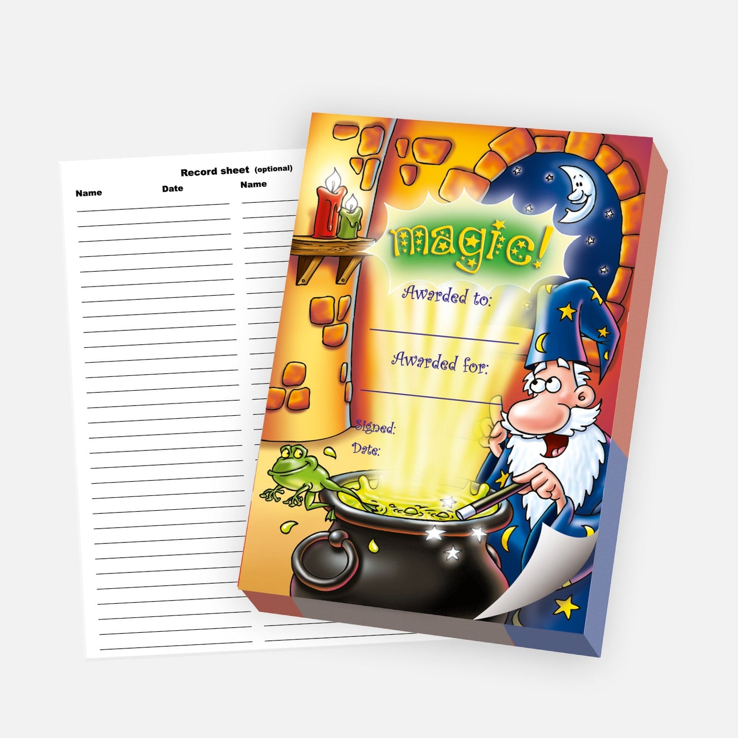 Colourful notepad titled 'Magic', featuring a wizard in cape and hat at a couldron on a starry night.  Space is available for who the award is going to a why, with lines for signature and date. A lined record sheet for optional tracking of recipients is placed beside the notepad.