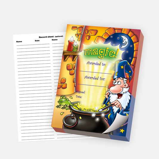 Colourful notepad titled 'Magic', featuring a wizard in cape and hat at a couldron on a starry night.  Space is available for who the award is going to a why, with lines for signature and date. A lined record sheet for optional tracking of recipients is placed beside the notepad.