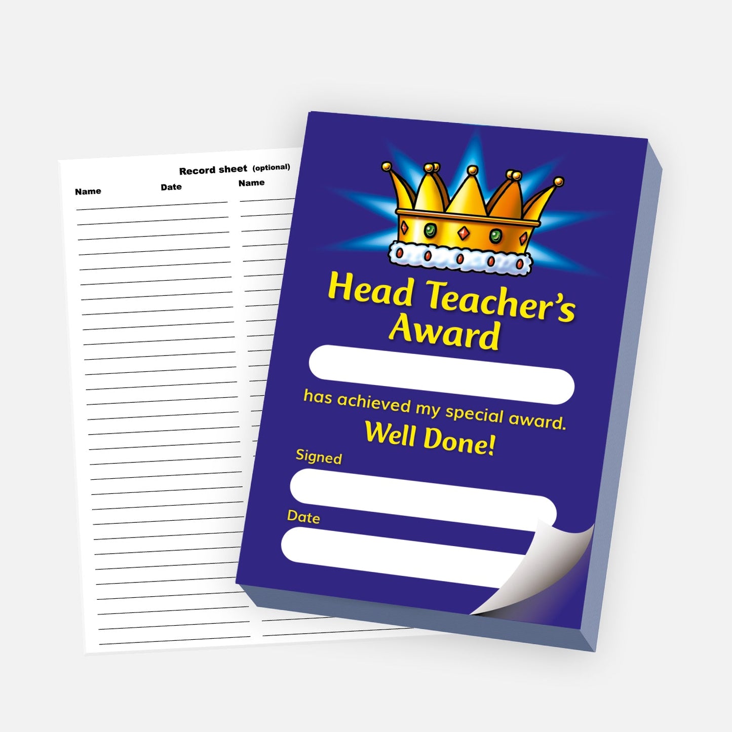 'Head Teacher’s Award' reward pad with a dark blue background and a golden crown illustration. The message reads '[Blank] has achieved my special award. Well Done!' with spaces for a name, signature, and date. A detachable record sheet for tracking award entries is shown beside the pad.