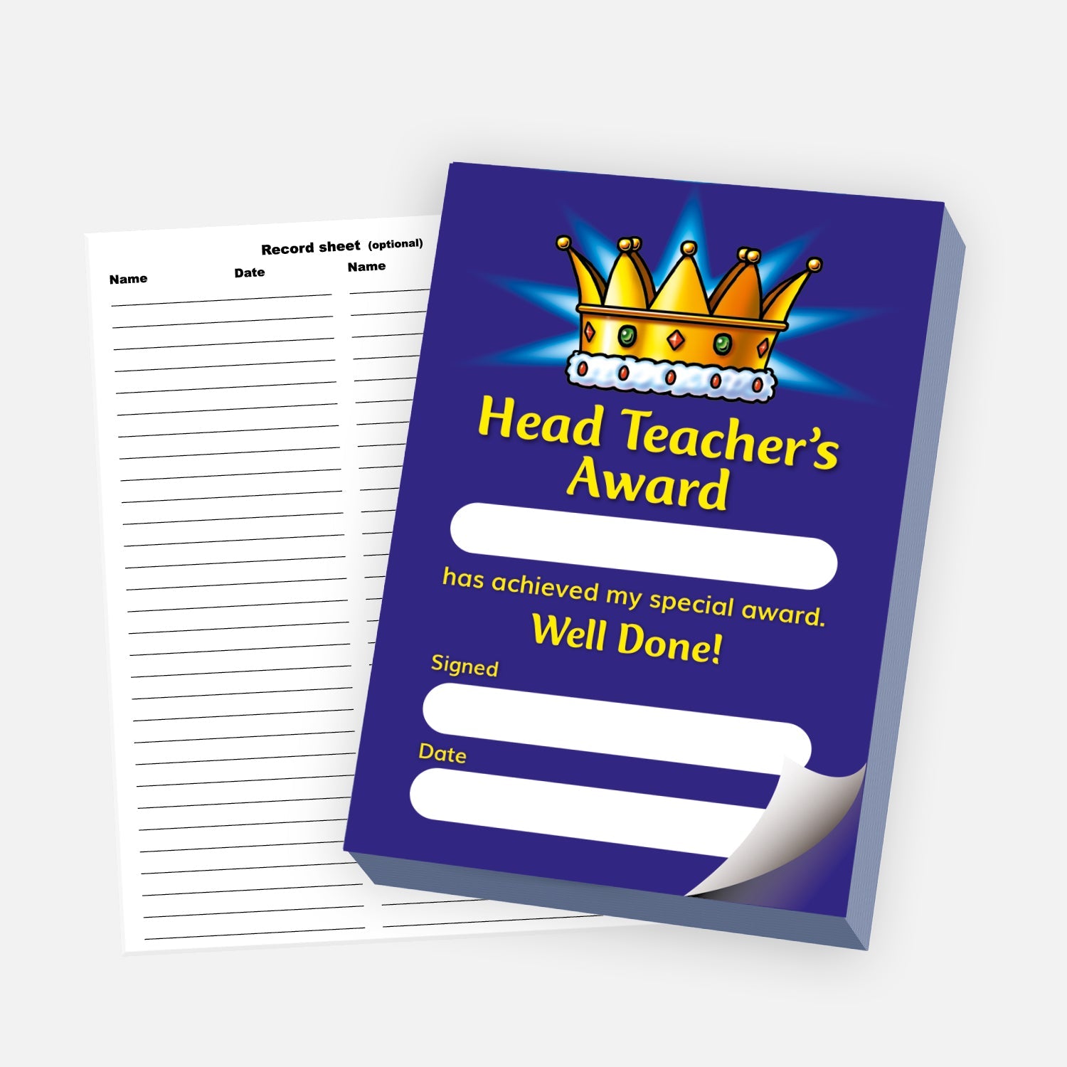 'Head Teacher’s Award' reward pad with a dark blue background and a golden crown illustration. The message reads '[Blank] has achieved my special award. Well Done!' with spaces for a name, signature, and date. A detachable record sheet for tracking award entries is shown beside the pad.