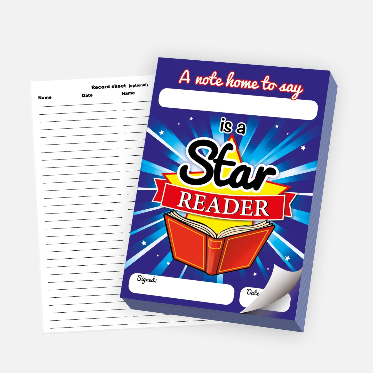 Star Reader notepad designed as a note home to celebrate reading achievement. The vibrant design features a glowing red book, rays of light, and the message 'A note home to say ___ is a Star Reader'. Includes space for a name, signature, and date. A separate record sheet for tracking is shown beside the notepad.