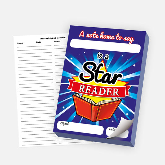 Star Reader notepad designed as a note home to celebrate reading achievement. The vibrant design features a glowing red book, rays of light, and the message 'A note home to say ___ is a Star Reader'. Includes space for a name, signature, and date. A separate record sheet for tracking is shown beside the notepad.