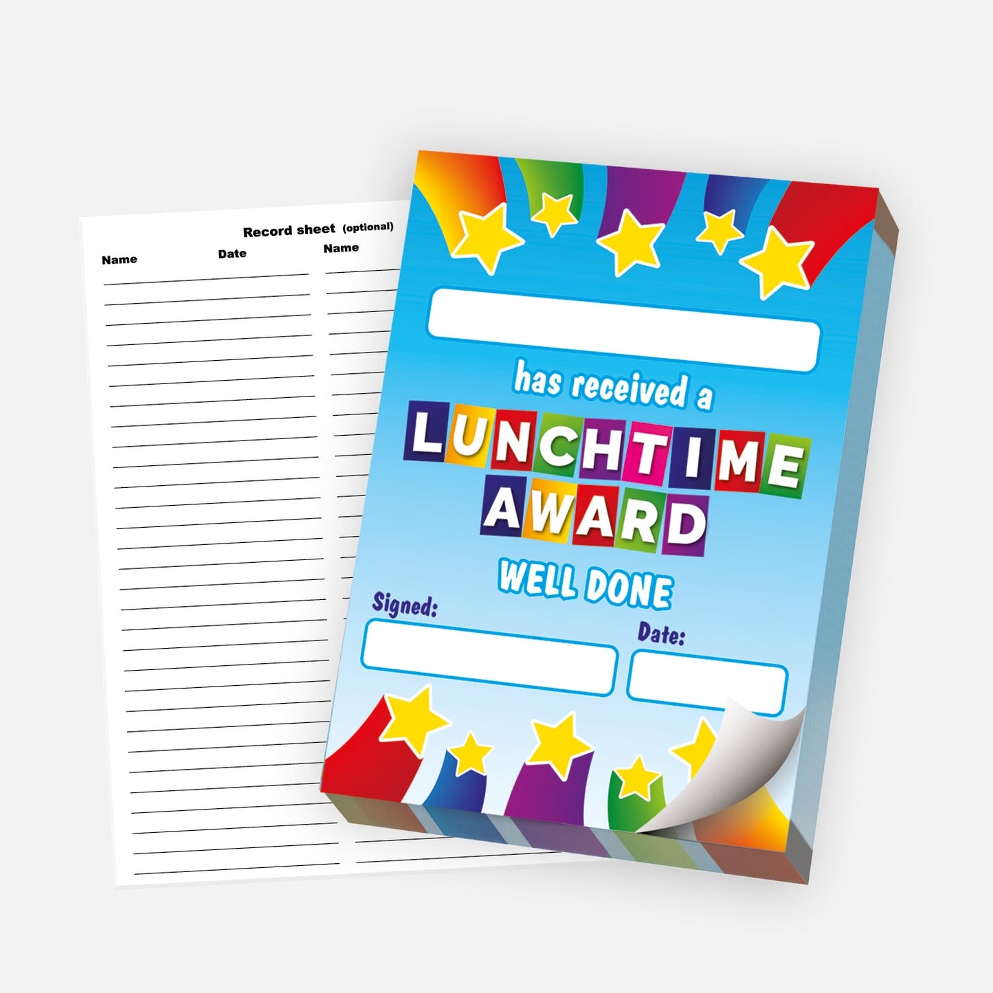 A colourful 'Lunchtime Award' certificate pad with a vibrant blue background, decorated with stars and rainbow bursts at the top and bottom. The text reads 'has received a LUNCHTIME AWARD – WELL DONE', with spaces to add a recipient’s name, the signature, and the date. A lined record sheet is shown beside the pad, with columns for recording names and dates. The pad is partially peeled to show it's a tear-off design.