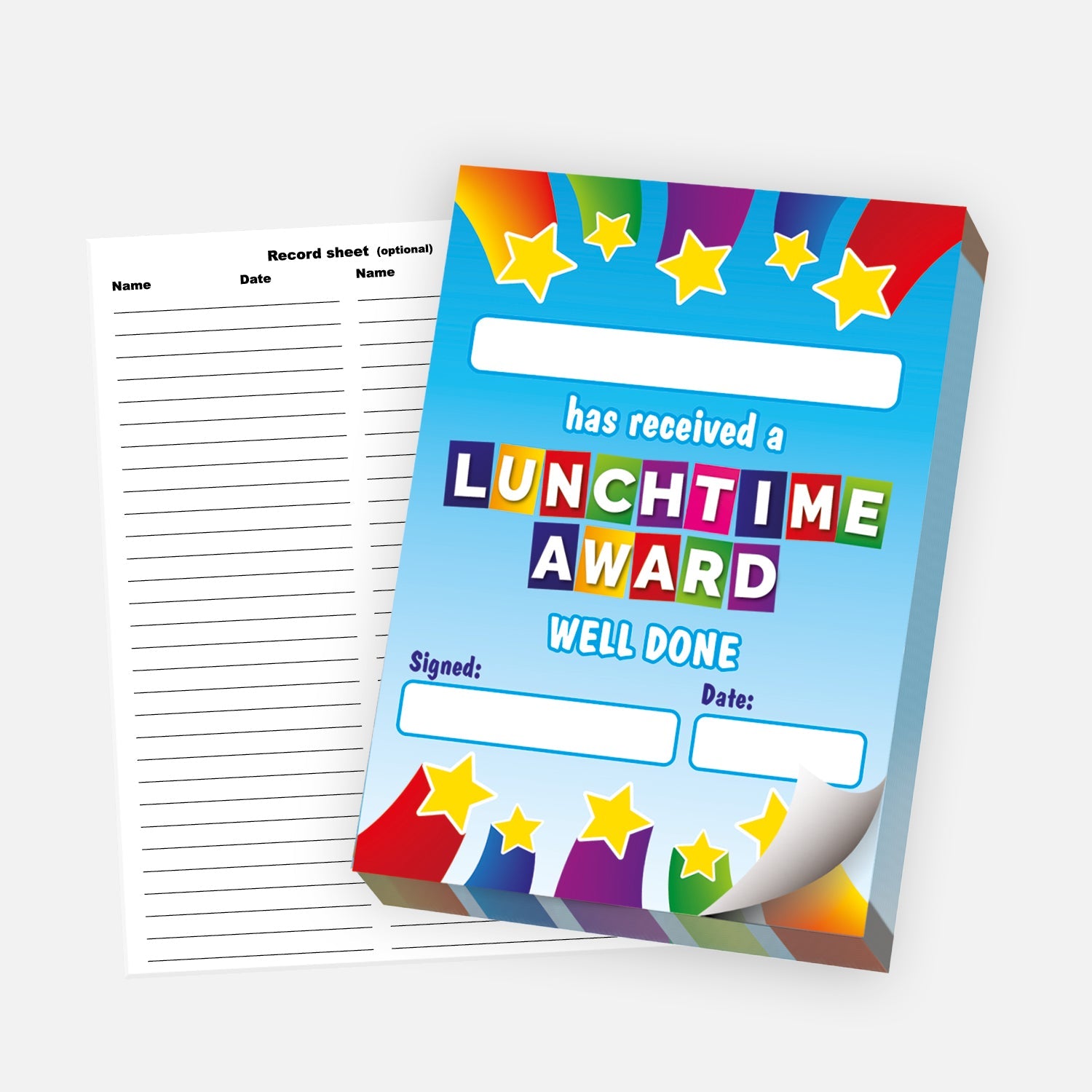 A colourful 'Lunchtime Award' certificate pad with a vibrant blue background, decorated with stars and rainbow bursts at the top and bottom. The text reads 'has received a LUNCHTIME AWARD – WELL DONE', with spaces to add a recipient’s name, the signature, and the date. A lined record sheet is shown beside the pad, with columns for recording names and dates. The pad is partially peeled to show it's a tear-off design.