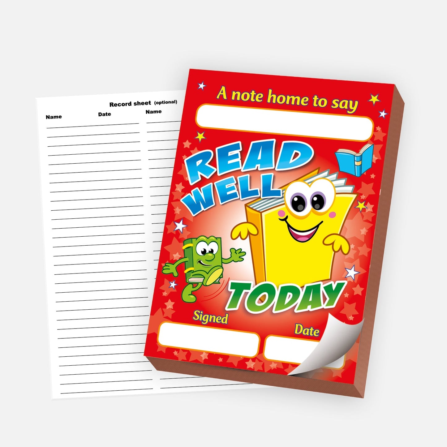 Bright red notepad titled 'A note home to say READ WELL TODAY' featuring cheerful cartoon book and frog characters. The design includes stars and a flying book, with blank spaces to write the pupil’s name, a signature, and the date. A matching record sheet is placed behind the notepad for tracking purposes.