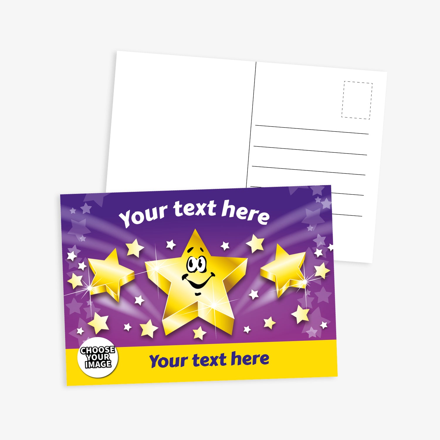 Customisable postcard featuring a cheerful star character and two smiling stars on a purple background with sparkles. Yellow border at the bottom and space for personalised text above and below. Reverse side includes lines for addressing.