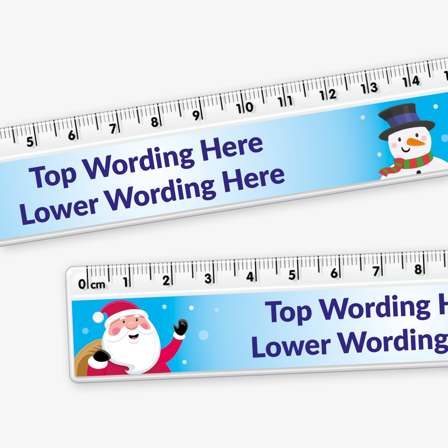 Close up of a 15cm plastic ruler with a blue background, featuring cartoon illustrations of Father Christmas and a snowman at each end, and space in the centre for two lines of custom festive wording.