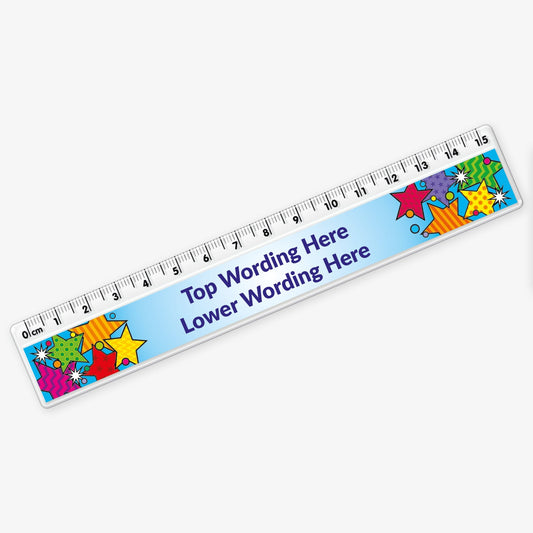 15cm plastic ruler with a light blue background, decorated with colourful cartoon stars on both ends, and space in the centre for custom top and bottom wording in bold blue text.