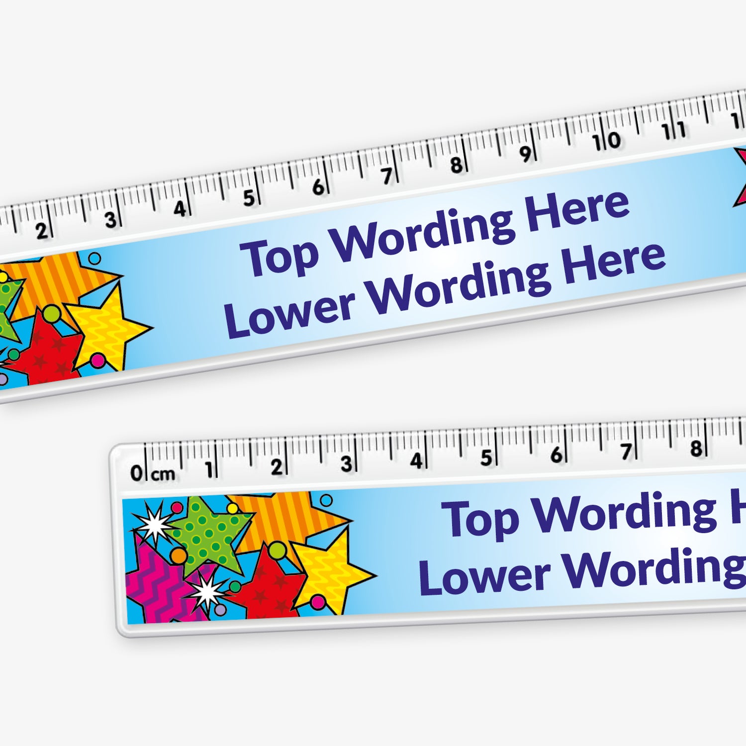 Close up of a 15cm plastic ruler with a light blue background, decorated with colourful cartoon stars on both ends, and space in the centre for custom top and bottom wording in bold blue text.