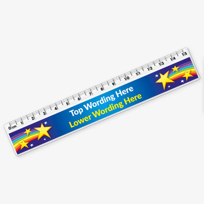 Customisable 15cm ruler featuring a blue background with colourful shooting stars and space for top and bottom personalised text.